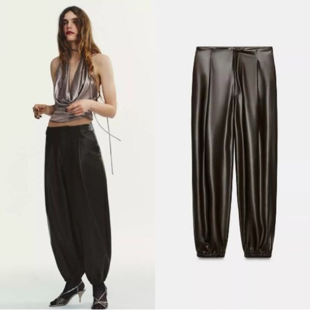 New Zara Faux Leather Pants Women's Size L Brown Joggers Front pleats